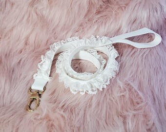 White Lace Ruffle leash with gold hardware