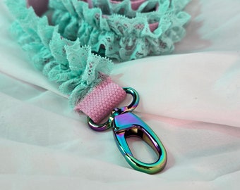 Bubblegum Pink & Mint Green Lace Ruffle Leash with Iridescent Rainbow Hardware