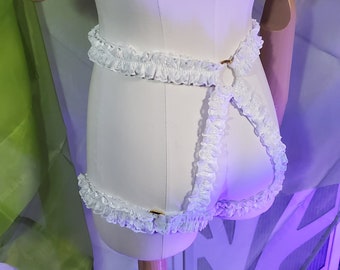 White Lace Ruffle adjustable tail harness with gold hardware