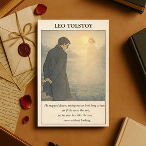 May include: An illustration of a man and woman with text that reads "LEO TOLSTOY". The image is surrounded by books, a feather, and stationary. The text below the illustration reads: "He stepped down, trying not to look long at her, as if she were the sun, yet he saw her, like the sun, even without looking."