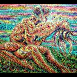 May include: Abstract painting depicting two figures embracing, with swirling lines and vibrant colours, including shades of blue, green, red, and yellow.