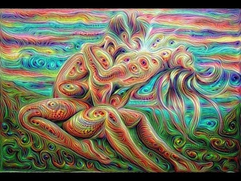 May include: Abstract painting depicting two figures embracing, with swirling lines and vibrant colours, including shades of blue, green, red, and yellow.