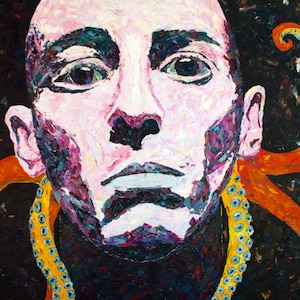 May include: An oil painting of a person's face with a bald head and a stern expression. The face is painted in shades of pink, purple, and white. Orange tentacles with blue accents surround the face against a dark background.