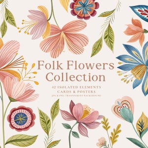 42 Aquarell Frühling Folk Art Clipart, Poster und Karten enthalten, Bunte Blumen Illustrationen und botanische Motive