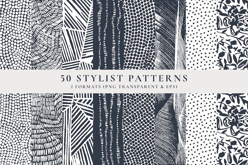 May include: A collection of 50 black and white stylized patterns. The patterns are geometric, abstract, and floral. The text "50 STYLIST PATTERNS" and "2 FORMATS (PNG TRANSPARENT & EPS)" is displayed on a white banner.