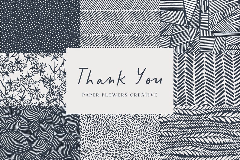 May include: A collage of black and white patterns with a white rectangle in the center that says "Thank You Paper Flowers Creative".