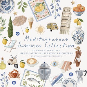 Mediterrane zomer clipart kunstcollectie, kust Italiaanse zomer illustraties, Boho esthetische strand leven illustraties, commercieel gebruik