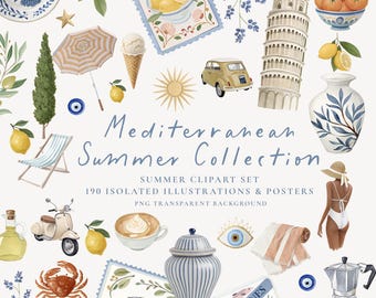 Mediterranean Summer Clipart: Italian Coastal Illustrations (PNG)