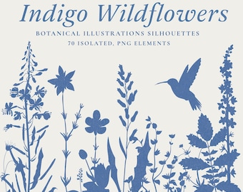 Indigo Wildflower Silhouettes Clipart: Botanical PNG EPS (Digital Download)