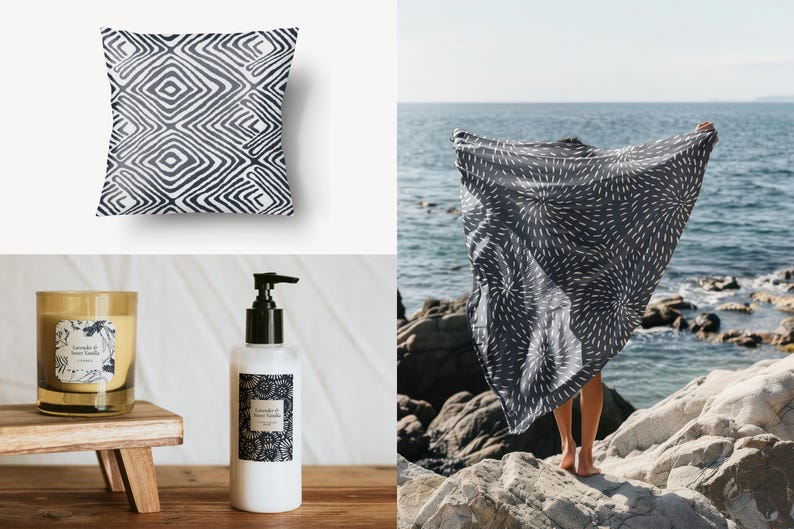 May include: A set of home decor items featuring black and white geometric patterns. The set includes a throw pillow, a fabric scarf, a candle, and a bottle of hand soap.
