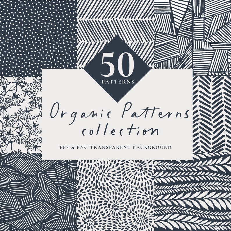 May include: A collection of 50 organic patterns in black and white. The patterns are geometric, floral, and abstract. The text "50 Patterns Organic Patterns collection EPS & PNG TRANSPARENT BACKGROUND" is displayed on a white background.