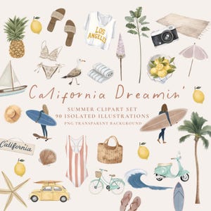 Kalifornien Sommer Clipart-Set, Aquarell Küsten Sommer Essentials Illustrationen, Strand Leben Vibe Kommerzielle Nutzung, Urlaub Urlaub Clipart