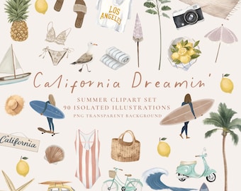 カリフォルニアの夏のクリップアートセット：水彩画のビーチのイラスト（PNG）