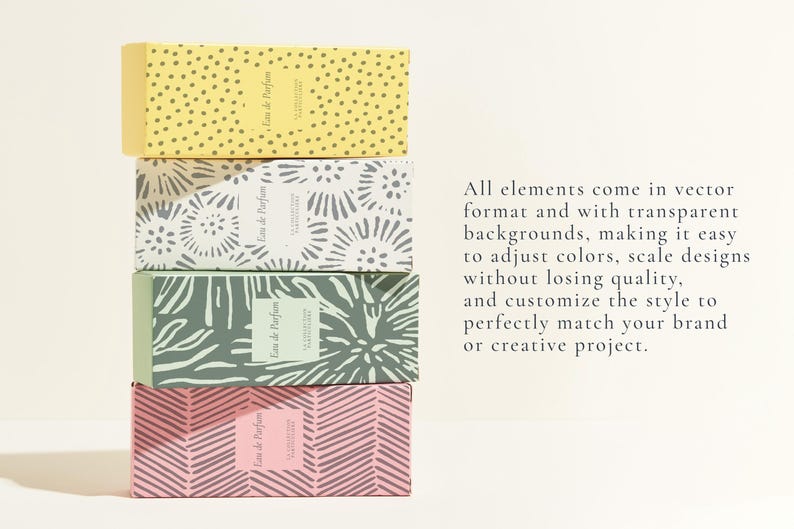 May include: Four stacked boxes with different patterned designs. Each box has a label that reads "Eau de Parfum" and "Jasmine".