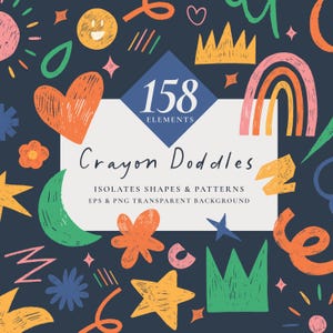 Puede incluir: Un conjunto de 158 ilustraciones de garabatos de colores hechos con crayones, que incluyen estrellas, corazones, arcoíris, coronas y otras formas. Las ilustraciones están sobre un fondo azul oscuro y tienen un aspecto dibujado a mano y texturado. El texto "Crayon Doddles" está en el centro de la imagen.