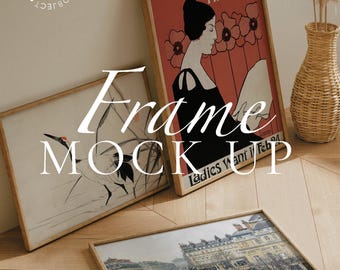 Gallery Wall Mockup: Wood Frames, Minimalist Living Room (PSD, JPG)