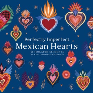 Mexican Sacred Hearts, Colourful Boho Folk Style Clip Art, Mexico Fiesta illustrations, Milagritos, Cinco de Mayo Dia Muertos, Corazones