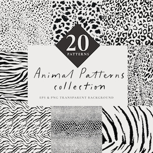 May include: A collection of 20 black and white animal print patterns. The patterns include zebra, leopard, cheetah, snake, and tiger. The text "20 Patterns" and "Animal Patterns collection" is displayed on a white background.  EPS & PNG Transparent Background.