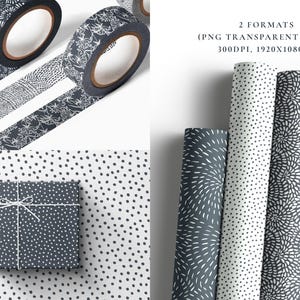 May include: Four different black and white patterned wrapping paper designs. The patterns include dots, lines, and swirls. The paper is rolled up and displayed on a white background. 2 Formats (PNG Transparent & SVG) 300DPI, 1920x1080PX