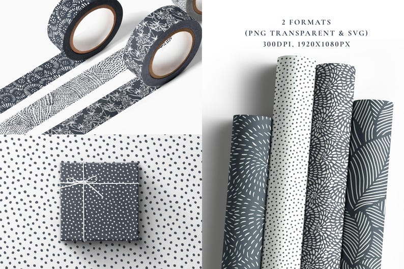 May include: Four different black and white patterned wrapping paper designs. The patterns include dots, lines, and swirls. The paper is rolled up and displayed on a white background. 2 Formats (PNG Transparent & SVG) 300DPI, 1920x1080PX