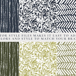 May include: Four seamless patterns in black, white, and green. The patterns include vertical lines, floral designs, and herringbone patterns.