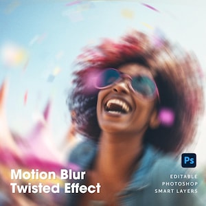 Könnte beinhalten: Eine Frau mit pinken Haaren und Sonnenbrille lacht, während sie sich in einer Bewegungswirbel dreht. Das Bild hat einen Textüberlagerung "Motion Blur Twisted Effect" und ein Photoshop-Logo.