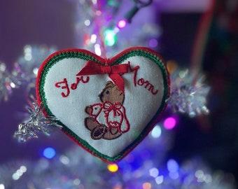 1984 Vintage "For Mom" Schmid Gordon Fraser Plush Heart Embroidered Holiday Christmas Tree Ornament Teddy Bear Santa Gift Rare Unusual