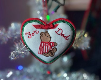 1984 Vintage "For Dad" Schmid Gordon Fraser Plush Heart Embroidered Holiday Christmas Tree Ornament Teddy Bear Santa Gift Rare Unusual