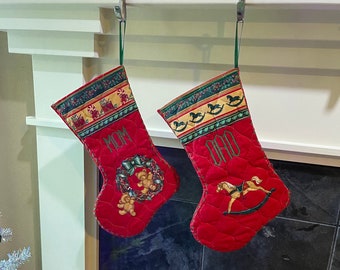 Vintage Quilted Fabric Embroidered "Mom" & "Dad" Holiday Stockings Christmas Wreath Teddy Bear Rocking Horse  Decorations Gift (Set of 2)