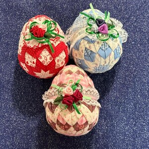 Vintage Quilted Easter Eggs - Set of three eggs Red Blue Pink  Decoration Handmade Easter Basket 4 1/2 inches tall Bunny Chick Spring