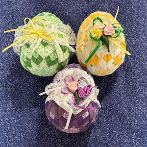 Vintage Quilted Easter Eggs - Set of three eggs Purple Green Yellow  Decoration Handmade Easter Basket 4 1/2 inches tall Bunny Chick Spring