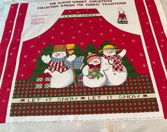 May include: Red fabric with a white border and a Christmas theme. The fabric features three snowmen with red and white scarves and hats. The fabric also has the text "Let it Snow" repeated multiple times.