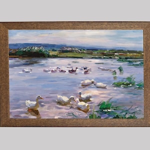 Lily Pond Duck Print: Vintage Oil Painting Art
