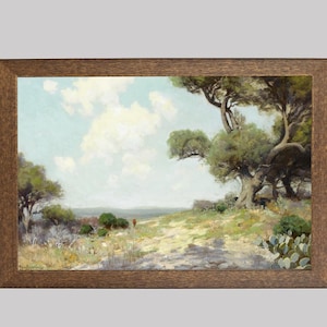 In the Hills - A Vintage Texas Landscape Painting - Oak Trees and Wildflowers of Texas Art - FREE SHIPPING