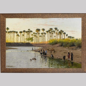 Nile River Vintage Print: Egyptian Landscape Painting with Camels