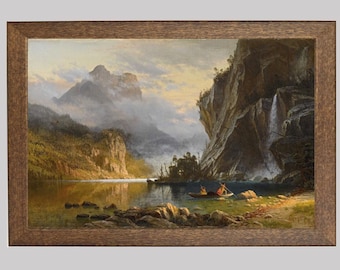 Albert Bierstadt Print: Native Americans Spearfishing, Western Landscape