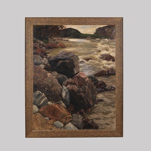 At the Eisack in South Tyrol - Rigged River Landscape Painting in Italy - Rocky River Shoreline Art Print - FREE SHIPPING
