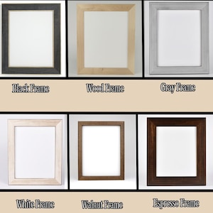 May include: A collection of six rectangular picture frames in various colors. The frames include black, wood, gray, white, walnut, and espresso. Each frame has a white interior and is labeled with its color name.