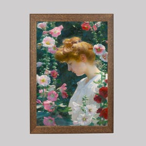 Hollyhocks and Sunlight - Vintage Serene American Portrait Painting - Woman With Flowers Romantic Painting - FREE SHIPPING