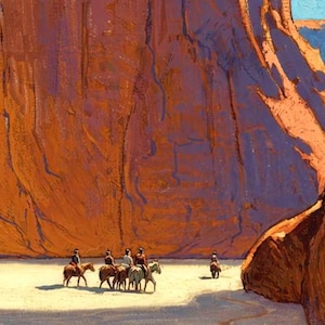May include: An oil painting depicts a group of riders on horseback traversing a desert canyon. The towering rock formations are rendered in shades of orange and brown, with hints of blue sky visible. The scene evokes a sense of the American West.