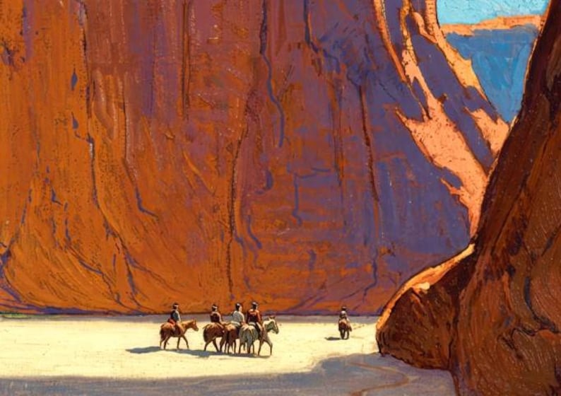 May include: An oil painting depicts a group of riders on horseback traversing a desert canyon. The towering rock formations are rendered in shades of orange and brown, with hints of blue sky visible. The scene evokes a sense of the American West.
