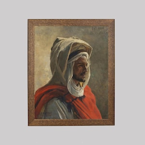 Algerian Man - Vintage Traditional African Portrait Painting - Arab Man in Ethnic Robe Classic Portrait - Oriental Painting - FREE SHIPPING