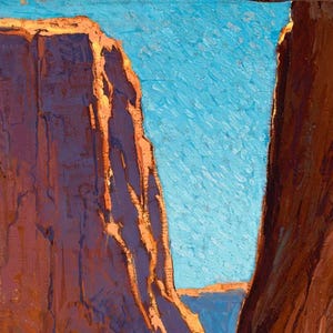 May include: An oil painting depicts a canyon landscape with towering red rock formations and a vibrant blue sky. The brushstrokes create a textured effect, emphasizing the ruggedness of the cliffs and the vastness of the sky. The artwork captures the natural beauty of the American Southwest.