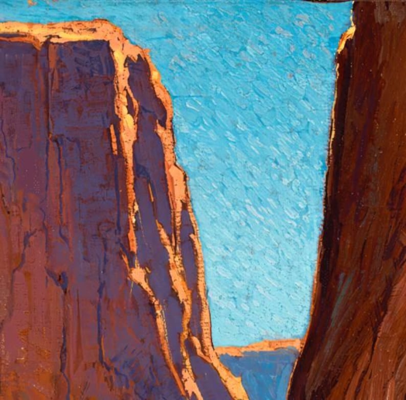 May include: An oil painting depicts a canyon landscape with towering red rock formations and a vibrant blue sky. The brushstrokes create a textured effect, emphasizing the ruggedness of the cliffs and the vastness of the sky. The artwork captures the natural beauty of the American Southwest.