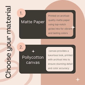 May include: An image with text that says "Choose your material". It shows two options: "Matte Paper" and "Pollycotton canvas". The matte paper is printed with giclee inks for vibrant colors. The canvas provides a luxurious look.