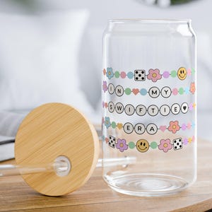 In My Swiftie Era Glass Coffee Cup with Bamboo Lid and Tritan Straw, T-Swift Eras Tour Glass Tumbler Cup, Friendship Bracelets Glass Cup