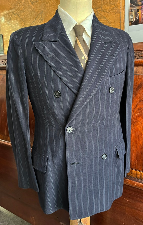 Vintage 1920's Suit Jacket Blue Pinstripe Peaked L