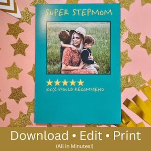 Cartão engraçado de aniversário para madrasta | Cartão com foto para impressão para mãe bônus | Modelo editável do Canva | Download instantâneo