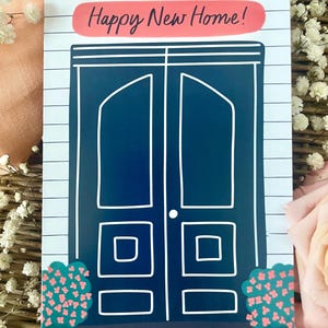 New Home housewarmingkaart – handgetekende voordeurillustratie – schattige bewegende wenskaart – makelaar klant cadeau – ambachtsman thuiskunst