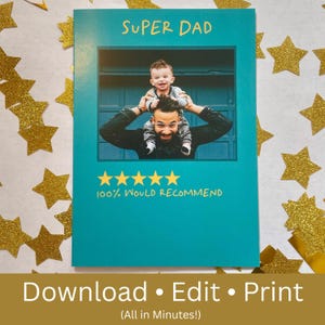 Modelo de cartão de aniversário para impressão | Cartão fotográfico engraçado de superpai | Download editável do Canva | Download digital instantâneo em PDF